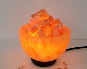 Himalayan Salt Lamp Fire Bowl Chunks, Handmade Authentic Natural Salt, Wood Base, 6 inch