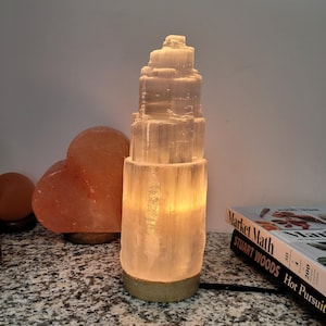 Selenite Tower Lamp Large, Premium Moroccan Selenite Crystals, Real Wood Base, Selenite Skyscraper Lamp 8 inch, 10 inch Tall,