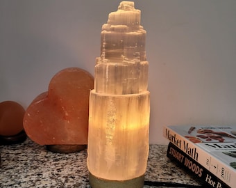 Selenite Tower Lamp Large, Premium Moroccan Selenite Crystals, Real Wood Base, Selenite Skyscraper Lamp 8 inch, 10 inch Tall,
