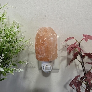 K&ouml;nnte beinhalten: Ein Himalaya-Salz-Nachtlicht, das in eine wei&szlig;e Steckdose gesteckt ist. Die Salzlampe ist ein gro&szlig;er, grob behauener, pfirsichfarbener Stein. Gr&uuml;ne und rote Pflanzen sind im Hintergrund zu sehen. Ein dekoratives Wohnaccessoire.
