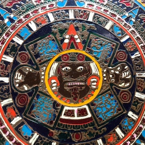 Aztec calendar decorative metal plate from Mexico