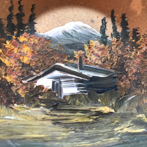 Vintage Folk Art Metal Plate with Hand-painted Cabin Scene