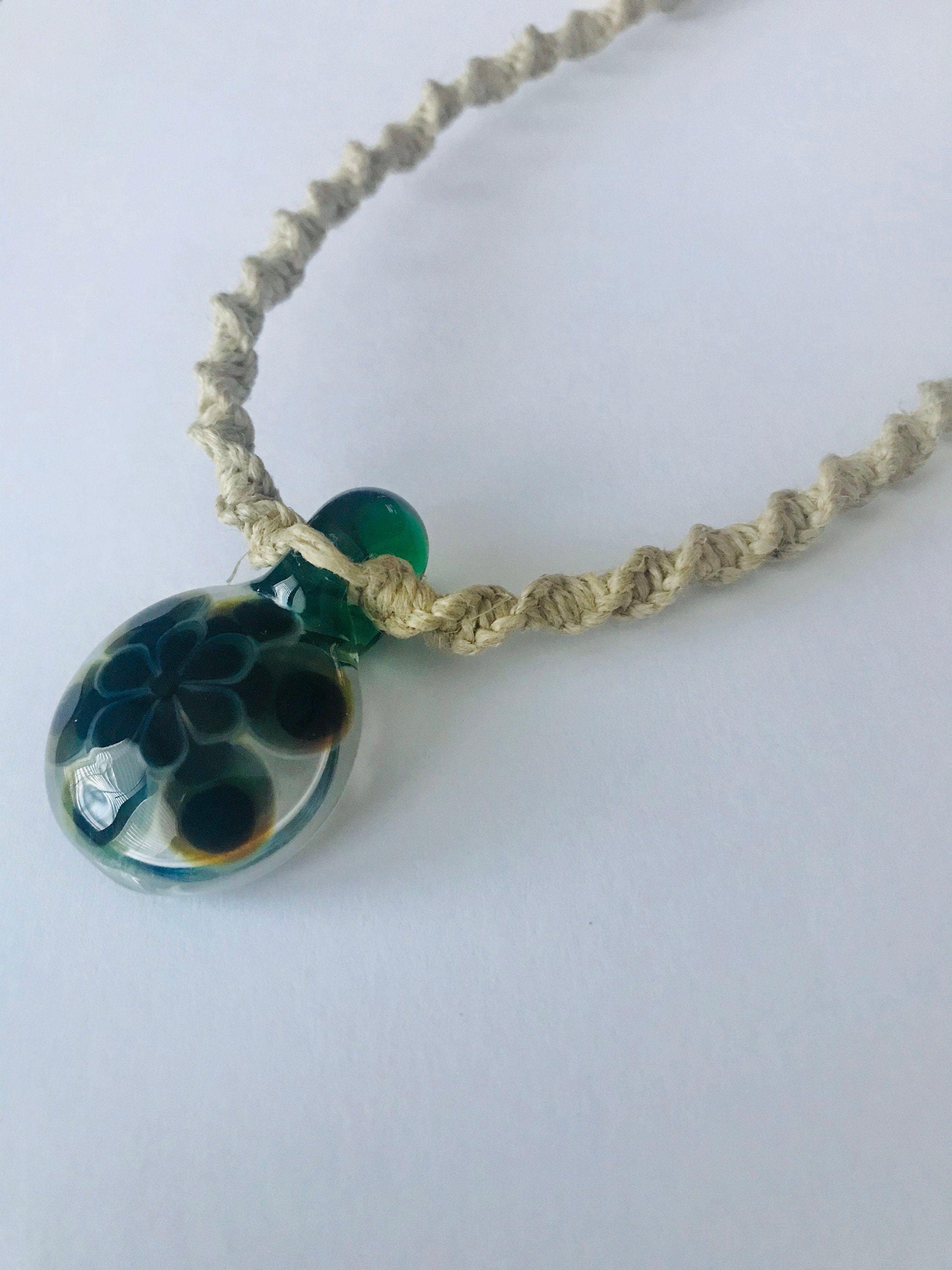 Handmade Hemp Necklace with Blown Glass Flower Pendant