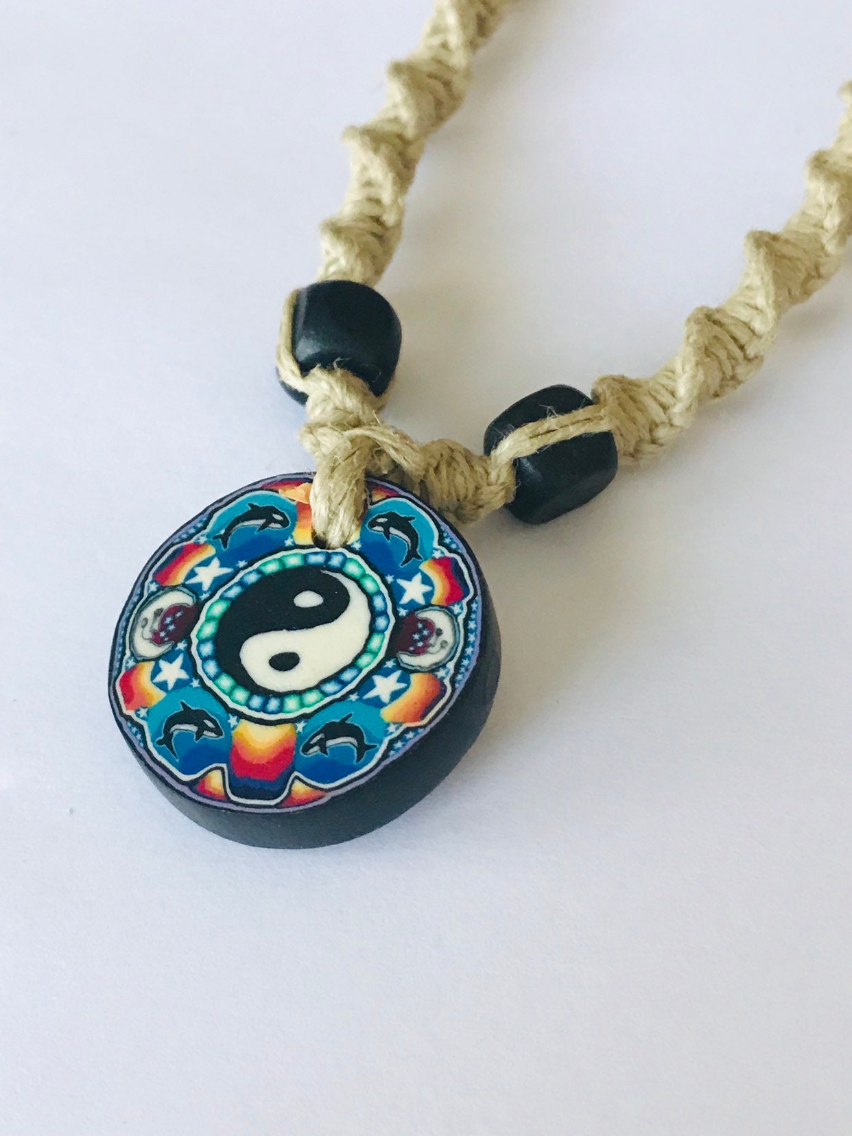 Yin Yang Clay Pendant Handmade Hemp Necklace