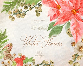 Winter Flowers WATERCOLOR Clipart - Christmas - digital flowers, DIY invites, Clip art, scrapbooking, wedding invitations, florals scrap