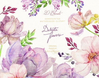 Delicate Flowers Watercolor Clipart - Colorful Spring Flowers Clipart -Clipart, Wedding Flowers, Wedding Invitation, DIY Invitations, Prints