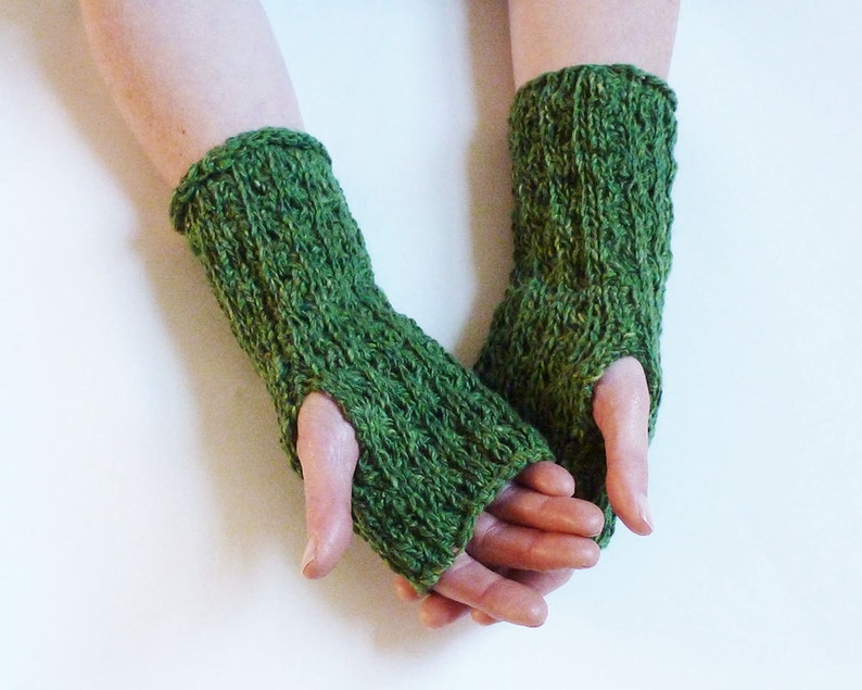 Green Mittens, Fingerless Mittens, Fingerless Gloves, Green Gloves, Donegal Tweed Mittens, 100% Wool Mittens, Made in Ireland image 2