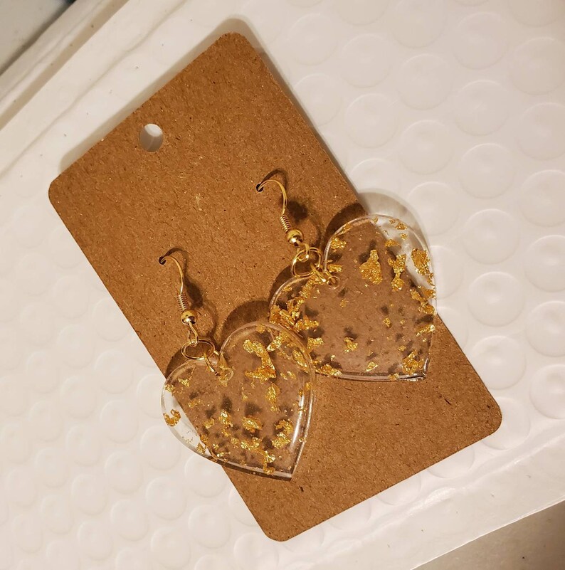 Big Heart Gold Resin Earrings Handmade Gold Leaf Resin Earrings