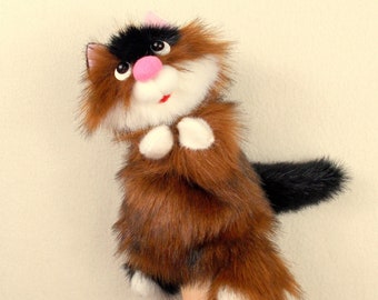 Three-colors kitten . Hand puppet for small hands. Marionette. Bibabo. Animal puppet glove.  Puppet children's theater.