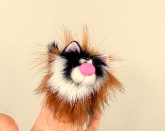 Finger puppet Cat. Red White Black Kitty petite soft toy. Plush cat. finger theater. Little stuffed animal. Puppet show for children.