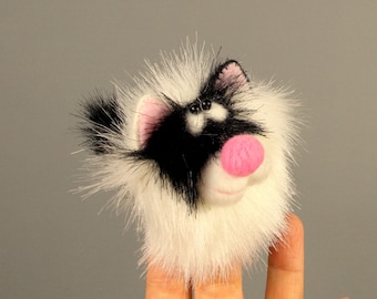 White - black Cat finger puppet. Plush little Cat for finger theater. Finger theater for children. Petite stuff cat. Fur finger puppet.