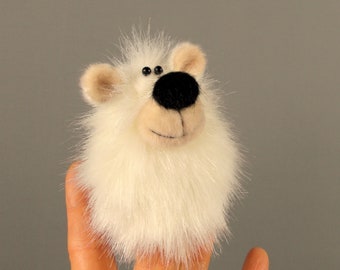 White little bear finger puppet. Finger theater. Toy for fingers. Little stuffed animal. Finger puppet theater. Plush white bear.