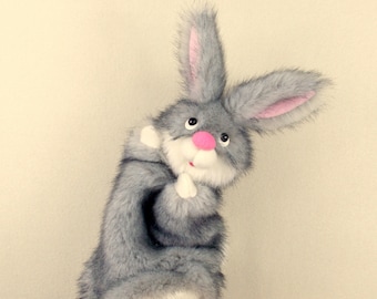 Gray Rabbit hand puppet glove for home theater. Hand puppet theater. Marionette. Glove puppet rabbit. Furry hare handpuppet. Bibabo.