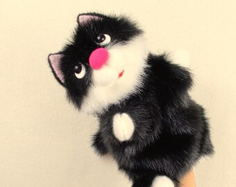 Little Furry Black Cat hand puppet for little hand. Puppet theater. Bibabo. Toy glove. Children's puppet theater. Soft toy. Marionette.
