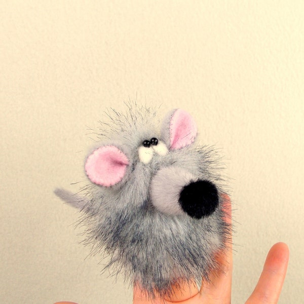 Little gray mouse finger puppet. Finger puppet theater for children. Petite plush mouse. Small stuffed animal. Gray mouse toy for fingers.