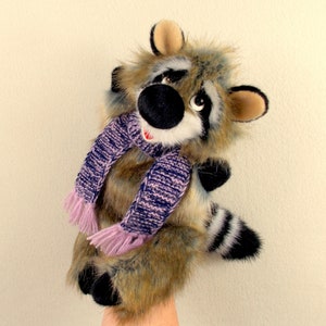 Raccoon Reddish Hand puppet. Funny raccoon for home puppet theater. Hand puppet theater for children. Marionette glove raccoon. Bibabo.