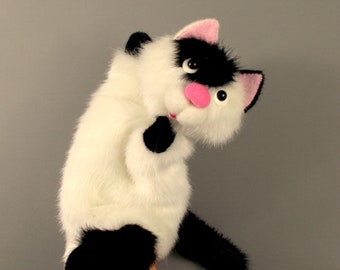 Wit - Zwarte Kat Handpop voor thuisbioscoop. Marionethandschoen grappige kat. Marionettenpop. Harige dierenpop.