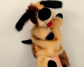 Marioneta de mano Perrito para teatro infantil en casa. Un guante articulado y en desarrollo con forma de perro alegre. Marioneta. Bibabo.