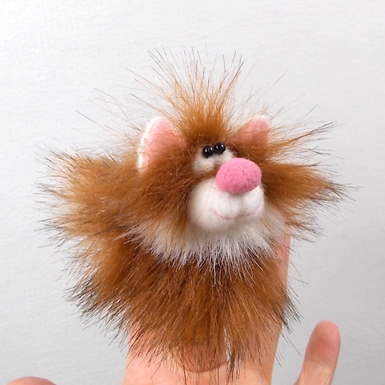 Little cat finger puppet copper color with a white goatee Petite animal toy Kitty puppet for finger theater Cat soft fur toy.
