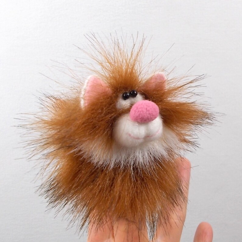 Little cat finger puppet copper color with a white goatee Petite animal toy Kitty puppet for finger theater Cat soft fur toy.