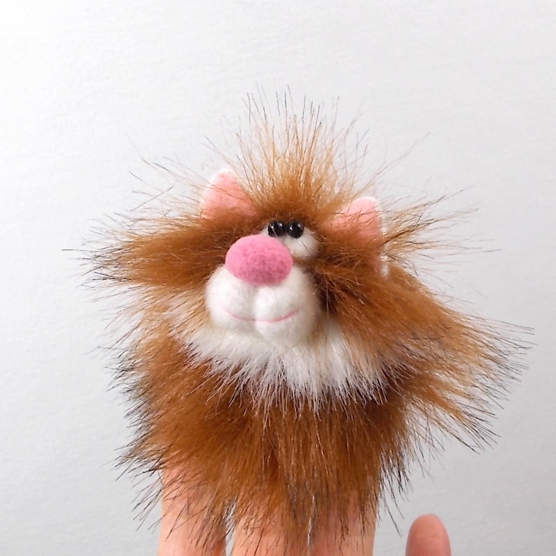Little cat finger puppet copper color with a white goatee Petite animal toy Kitty puppet for finger theater Cat soft fur toy.
