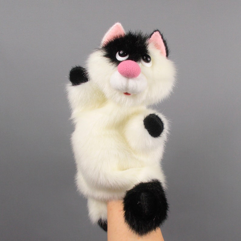 White black Cat hand puppet for home theater. Puppet Etsy