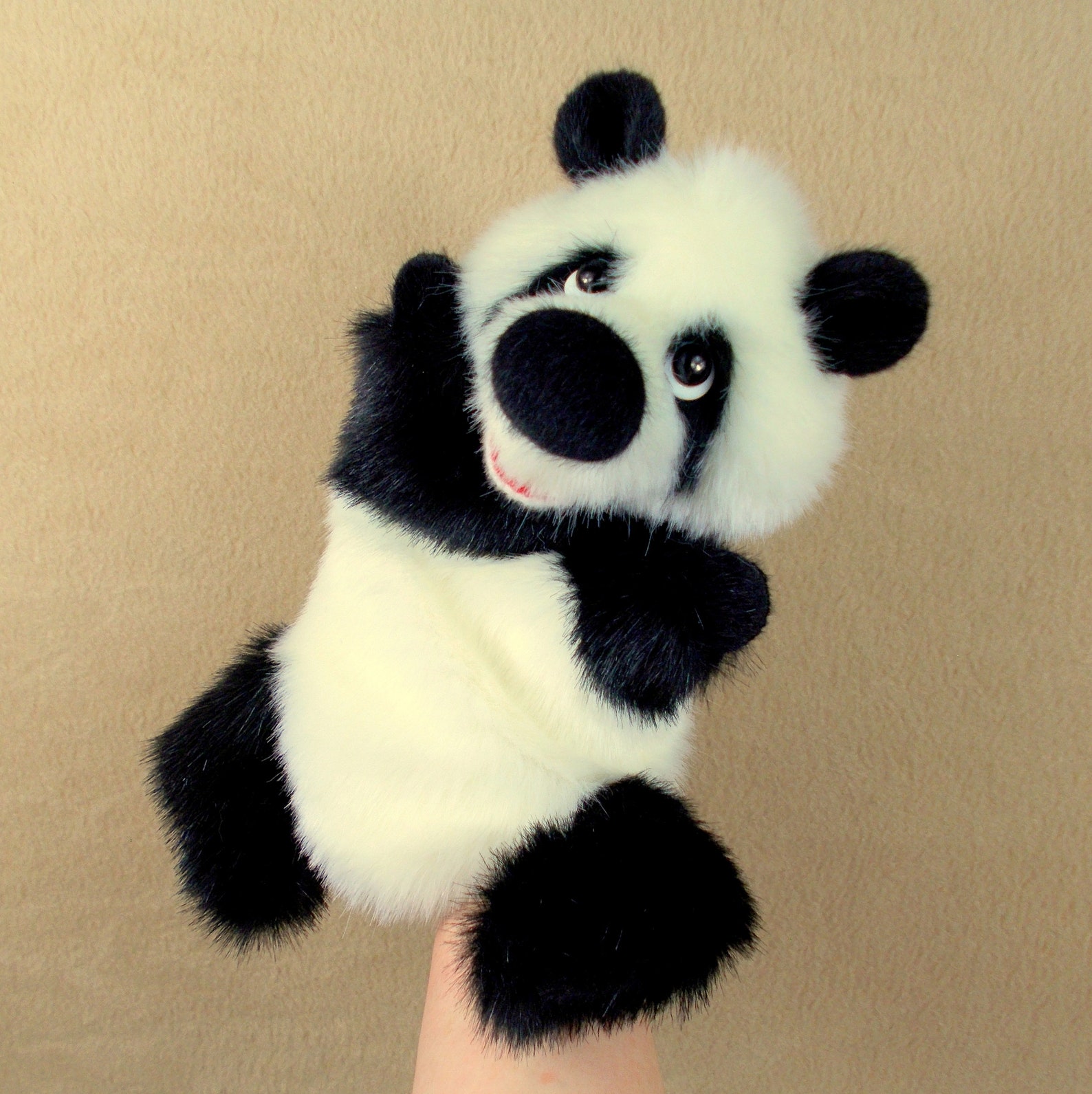 Panda hand puppet for children's theater. Animal fur toy. Etsy