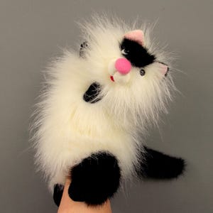 White - Black Fluffy Cat Hand Puppet for Performance, Plush Kitty Classical Glove Character Puppet for Animal Puppetry.