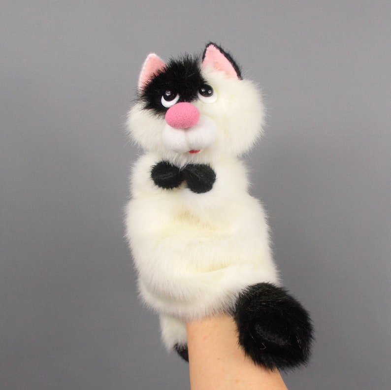 White black Cat hand puppet for home theater. Puppet Etsy