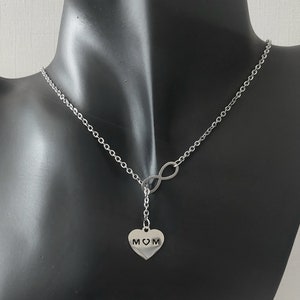 Mom Lariat Style Necklace, Silver Stainless Steel Necklace, Infinity Love Lariat Necklace, Heart Mom Infinity Love Lariat Style Necklace