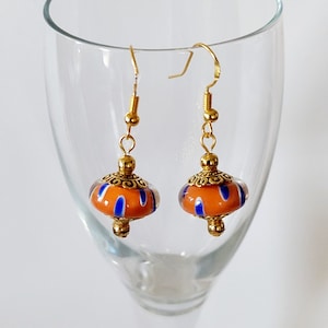 Pendientes de cristal de Murano, pendientes de gancho de plata de ley 925, pendientes de cuentas de Murano, pendientes de cristal de Murano naranja, azul y dorado, joyería de Murano