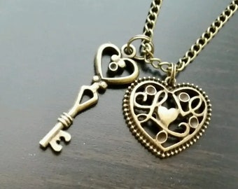 Love Heart Key Necklace, 30 inch Long Bronze Tone Retro Necklace, Vintage Jewelry