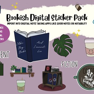 Puede incluir: Un paquete de pegatinas digitales con temática de libros. Las pegatinas incluyen un libro con el texto "Me gustan los libros grandes" y "Y no puedo mentir", una taza de café con el texto "Café y libros", un tocadiscos con un disco que dice "Libro del mes", una planta en maceta, una estantería con libros, una hoja de monstera, una taza de café con una cara sonriente, un clip, una bolsita de té y una pila de libros con el texto "Actual".