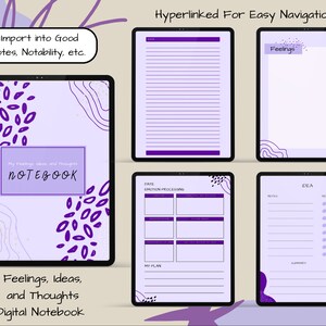 May include: A digital notebook template with a purple and white color scheme. The template includes pages for feelings, ideas, and thoughts. The text "NOTEBOOK" is featured on the cover page. The template is designed to be imported into note-taking apps like GoodNotes and Notability.