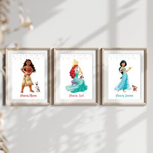 Disney Princess Prints, Ariel Print, Moana Print, Jasmine Print, Set of 3 Prints. Princess Print, Princess Wall Art, Princess Girls Room