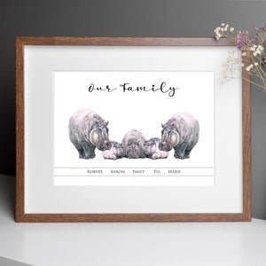 Personalised Hippo Family Name Print, Gift for Christmas, Birthday, Family Gift