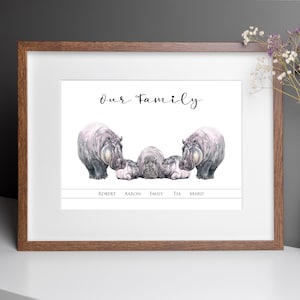 Personalised Hippo Family Name Print, Gift for Christmas, Birthday, Family Gift