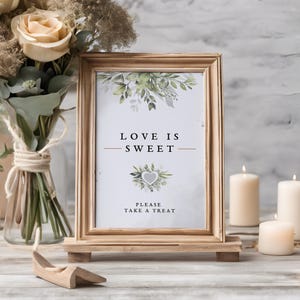 愛は甘い、結婚式のおやつサイン、ユーカリ、緑、結婚式のサイン、スイートカートサイン、結婚式のサイン、ユーカリの結婚式