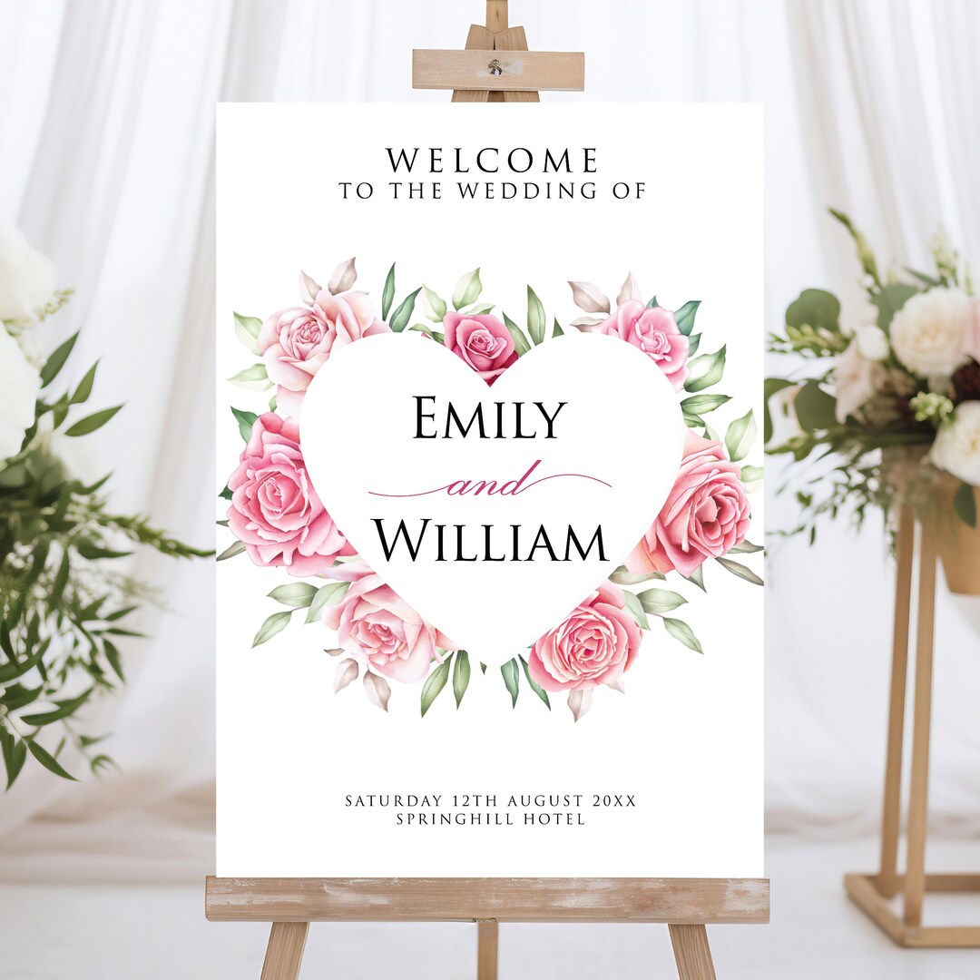 Personalised Wedding Welcome Sign, Pink Rose, Greenery - Etsy
