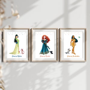 Disney Princess Prints, Mulan Print, Pocahontas Print, Merida Print, Set of 3 Prints. Princess Print, Princess Wall Art, Princess Girls Room