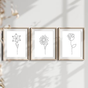 Flower Line Drawing Print, Set of 3,Daffodil, Daisy, Rose Prints
