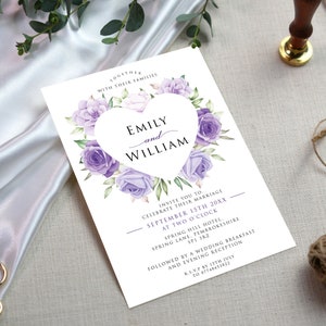 Wedding Day Invitations, Wedding Evening Invitations, Flowers, Foliage, Leaves, Heart, Purple