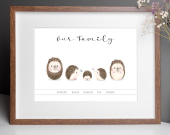 Personalised Hedgehog Family Name Print, Gift for Christmas, Birthday, Family Gift