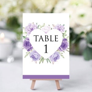 Numéros de table de mariage, numéros de table de réception, cartes de numérotation de table, numéro de table, verdure Purple Rose Heart, numéros de table florale