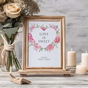 愛は甘い、結婚式のおやつサイン、ピンクのバラのハート、結婚式のサイン、スイートカートサイン、結婚式のサイン、ピンクをテーマにした結婚式、披露宴のサイン