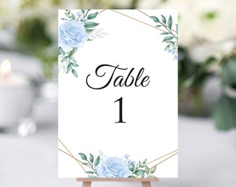 Wedding Table Numbers, Reception Table Numbers, Table Number Cards, Table Number,  Blue Rose, Gold Geometric