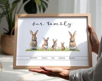 May include: A framed print with a watercolour illustration of five rabbits in a grassy field. The words "Our Family" are at the top, with names below. The frame is made of light-coloured wood.