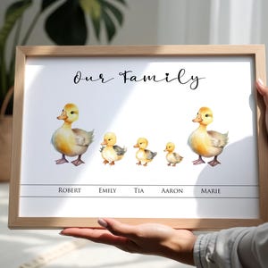 May include: A framed print with a watercolour illustration of a duck family. The artwork shows five ducks of different sizes, with the text "Our Family" at the top and names below. The frame is made of light-coloured wood.