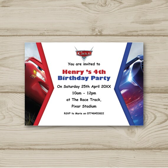 Disney Cars Lightning McQueen Birthday Party Invitations Personalised