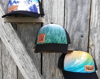 Summer photo trucker cap with leather branded patch, trees, waves, mountain, PNW, outdoor